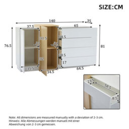 Abrihome White High Gloss Sideboard Cupboard With 4 Drawers And 2 Doors, Modern Display Storage Cabinet Natural Wood Color, For Living Room - thumbnail 7