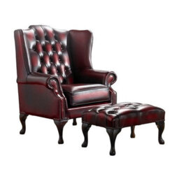 Chesterfield Flat Wing Chair + Footstool Antique Oxblood Red Leather In Mallory Style - thumbnail 1
