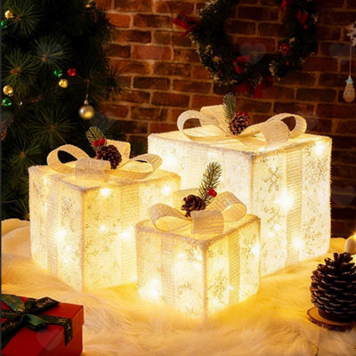 Amorly 3Pcs Battery Operated Lighted Christmas Gift Boxes, Illuminated Present Ornaments For Christmas Tree, Yard Home Xmas Decorations - image 1