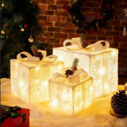 Amorly 3Pcs Battery Operated Lighted Christmas Gift Boxes, Illuminated Present Ornaments For Christmas Tree, Yard Home Xmas Decorations - thumbnail 1