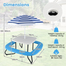 Gainoom Kids Picnic Table White Hdpe Outdoor Table W/height Adjustable Umbrella - thumbnail 2