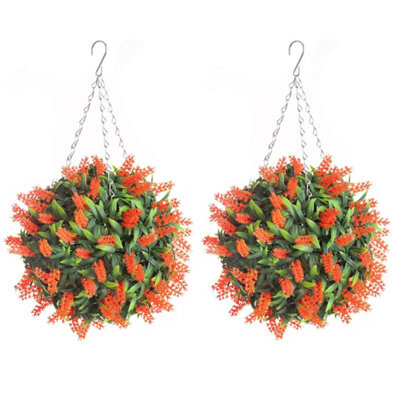 Pair Of Best Artificial 28Cm Orange Lush Lavender Hanging Basket Flower Topiary Ball - Weather & Fade Resistant - image 1
