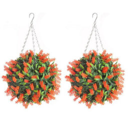Pair Of Best Artificial 28Cm Orange Lush Lavender Hanging Basket Flower Topiary Ball - Weather & Fade Resistant