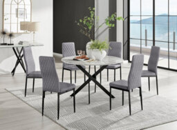 Furniturebox Uk Novara White Marble Black Leg 120Cm Round Dining Table & 6 Grey Velvet Milan Black Leg Chairs