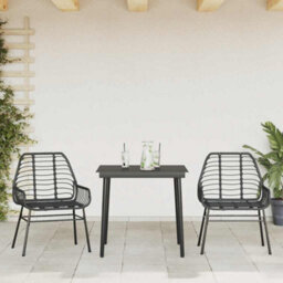 Berkfield 3 Piece Garden Dining Set Black Poly Rattan Glass - thumbnail 3