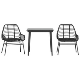 Berkfield 3 Piece Garden Dining Set Black Poly Rattan Glass - thumbnail 2