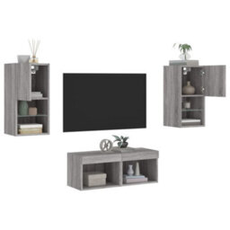 Berkfield 4 Piece Tv Wall Cabinets With Led Lights Grey Sonoma - thumbnail 5