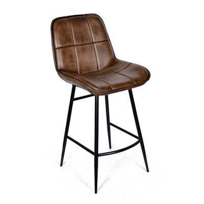 Elm Home And Garden 100% Real Genuine Leather Breakfast Kitchen Bar Stool Tan Brown With Back Rest - image 1