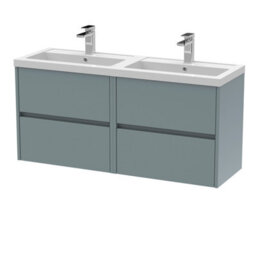 Nuie Havana Wall Hung 4 Drawer Vanity Basin Unit & Double Polymarble Basin, Modern Sink Vanity Unit In Coastal Grey With White - thumbnail 4
