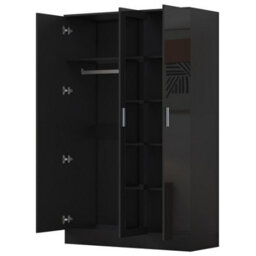Reflect 3 Door Mirror Wardrobe - Black Gloss & Black Oak - Hanging Rail & 4 Shelves- H: 180Cm X W: 113Cm X D: 47Cm - Modern Design - thumbnail 6