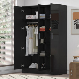 Reflect 3 Door Mirror Wardrobe - Black Gloss & Black Oak - Hanging Rail & 4 Shelves- H: 180Cm X W: 113Cm X D: 47Cm - Modern Design - thumbnail 2