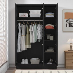 Reflect 3 Door Mirror Wardrobe - Black Gloss & Black Oak - Hanging Rail & 4 Shelves- H: 180Cm X W: 113Cm X D: 47Cm - Modern Design - thumbnail 4