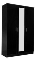 Reflect 3 Door Mirror Wardrobe - Black Gloss & Black Oak - Hanging Rail & 4 Shelves- H: 180Cm X W: 113Cm X D: 47Cm - Modern Design