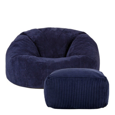 icon Kingston Cord Adults Bean Bag Chair And Pouffe, Ready Filled Beanbag And Footstool Navy Blue - image 1