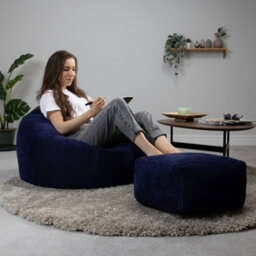 icon Kingston Cord Adults Bean Bag Chair And Pouffe, Ready Filled Beanbag And Footstool Navy Blue - thumbnail 3