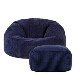 icon Kingston Cord Adults Bean Bag Chair And Pouffe, Ready Filled Beanbag And Footstool Navy Blue