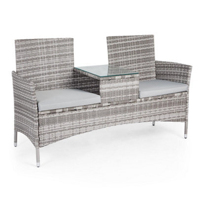 Vonhaus Rattan Love Seat For Garden, Grey Pe Wicker Outdoor Jack And Jill Seat For 2 People With Glass Tabletop For Patio, Terrace - image 1