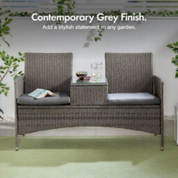 Vonhaus Rattan Love Seat For Garden, Grey Pe Wicker Outdoor Jack And Jill Seat For 2 People With Glass Tabletop For Patio, Terrace - thumbnail 2