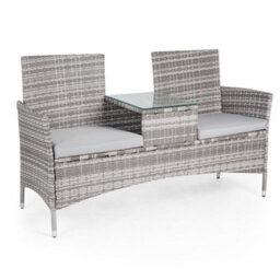 Vonhaus Rattan Love Seat For Garden, Grey Pe Wicker Outdoor Jack And Jill Seat For 2 People With Glass Tabletop For Patio, Terrace - thumbnail 1