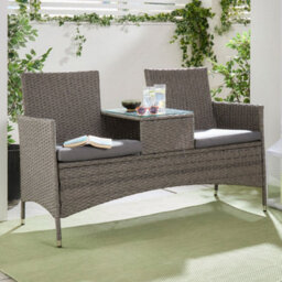 Vonhaus Rattan Love Seat For Garden, Grey Pe Wicker Outdoor Jack And Jill Seat For 2 People With Glass Tabletop For Patio, Terrace - thumbnail 3