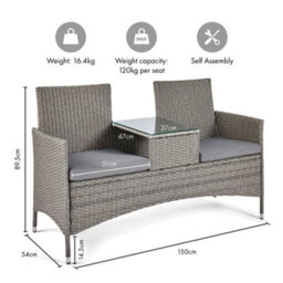 Vonhaus Rattan Love Seat For Garden, Grey Pe Wicker Outdoor Jack And Jill Seat For 2 People With Glass Tabletop For Patio, Terrace - thumbnail 8