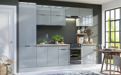 Impact Furniture Complete Fitted Kitchen Cabinets Set 11 Unit Wide Larder 60Cm Pantry 300Cm Light Grey Gloss Star - image 1