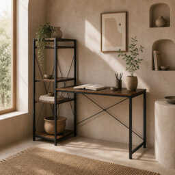 Wyld Haus Ledo 120Cm Rustic Brown And Black Reversible Industrial Desk With Side Shelving