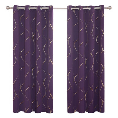 Deconovo Eyelet Blackout Curtains, Gold Wave Foil Printed Curtains For Living Room, W46 X L90 Inch, Purple Crape, One Pair - image 1