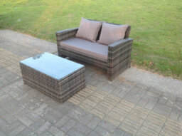 Fimous Dark Mixed Grey High Back Rattan Garden Furniture 2 Seater Love Seat Sofa With Oblong Coffee Table - thumbnail 2
