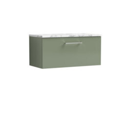 Nuie Arno Wall Hung 1-Drawer Vanity Unit With Laminate Worktop In Satin Green Premium Counter Top Vanity Unit In Satin Green