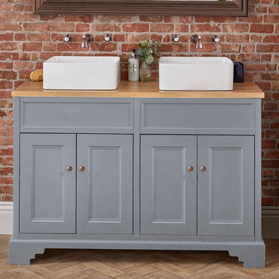 Homestylestore Light Grey And Oak 1210mm Bathroom Vanity Unit With 2 Square Countertop Basins And Aged Bronze Round Handles - image 1
