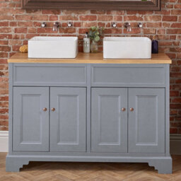 Homestylestore Light Grey And Oak 1210mm Bathroom Vanity Unit With 2 Square Countertop Basins And Aged Bronze Round Handles