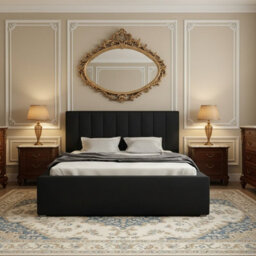 Modern Bedroom Bed Frame With Storage 160X200 Hdf And Laminated Board Metal Slatted Base 180X223X93Cm Black - thumbnail 2