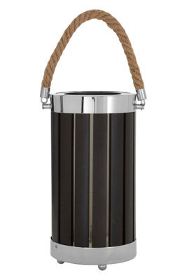 Orsina Black Cylindrical Table Lamp With Silver Metal Trim, Vertical Slatted Lamp With Bands, Luxe Decorative Lamp - image 1