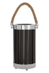 Orsina Black Cylindrical Table Lamp With Silver Metal Trim, Vertical Slatted Lamp With Bands, Luxe Decorative Lamp