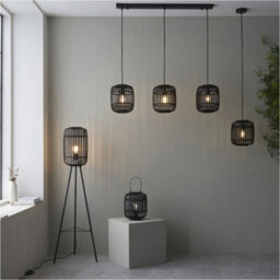 Loops 2 Pack Hanging Ceiling Pendant Light - Dark Bamboo & Plywood With Matt Black Paint - 10W Led E27 - thumbnail 4