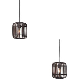 Loops 2 Pack Hanging Ceiling Pendant Light - Dark Bamboo & Plywood With Matt Black Paint - 10W Led E27
