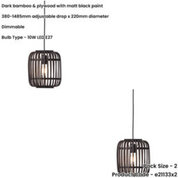 Loops 2 Pack Hanging Ceiling Pendant Light - Dark Bamboo & Plywood With Matt Black Paint - 10W Led E27 - thumbnail 2