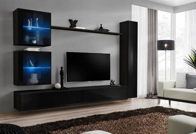 "Arte Modular Black High Gloss Entertainment Unit 280Cm - Led Media Wall For Tvs Up To 75"""