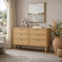 Home Treats Rattan Chest Of 6 Drawer's Pine Wooden Bedroom Storage Furniture Woodgrain Dresser - thumbnail 4