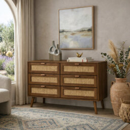 Home Treats Rattan Chest Of 6 Drawer's Pine Wooden Bedroom Storage Furniture Woodgrain Dresser - thumbnail 7