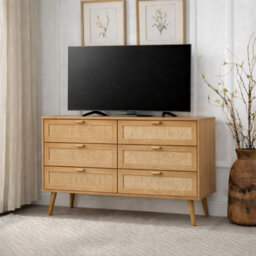 Home Treats Rattan Chest Of 6 Drawer's Pine Wooden Bedroom Storage Furniture Woodgrain Dresser - thumbnail 3