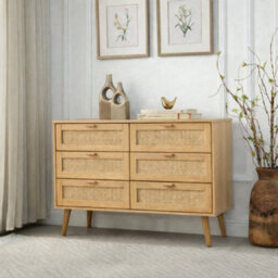 Home Treats Rattan Chest Of 6 Drawer's Pine Wooden Bedroom Storage Furniture Woodgrain Dresser - thumbnail 1