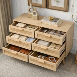 Home Treats Rattan Chest Of 6 Drawer's Pine Wooden Bedroom Storage Furniture Woodgrain Dresser - thumbnail 2