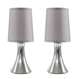 Valuelights Pair Of Modern Chrome Trumpet Touch Table Lamps With Grey Fabric Shade