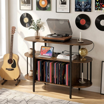 Brown Large Vinyl Record Player Table Turntable Stand With Led Lights Charging Station - image 1