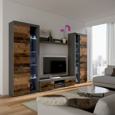 Rumba Xl Living Room Wall Unit Old Wood Matera With Led Lighting - image 1