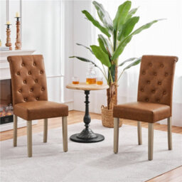 Yaheetech Set Of 2 Retro Brown Pu Leather Dining Chairs With High Back Padded Seat