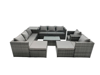 Fimous Rattan Garden Furniture Dining Set 10-Seater Patio Coffee Table Sofa Set With 2 Big Stools Side Table Dark Grey Mixed - image 1