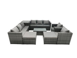 Fimous Rattan Garden Furniture Dining Set 10-Seater Patio Coffee Table Sofa Set With 2 Big Stools Side Table Dark Grey Mixed - thumbnail 1